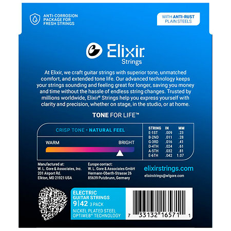 16571 Optiweb Nickel Plated Steel 9-42 Extra Light Pack de 3 Elixir