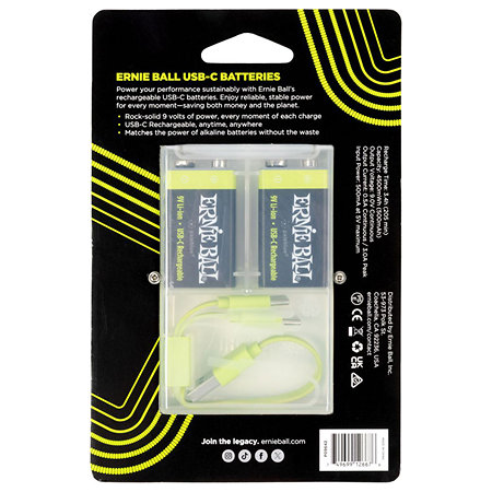 9642 Piles 9V Rechargeables via USB-C Lithium-ion Lot de 2 Ernie Ball