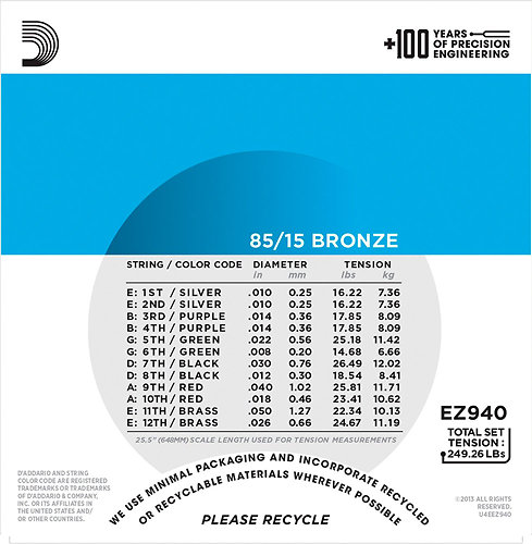 EZ940 85 15 Bronze Light 10 47 Guitar Strings D Addario