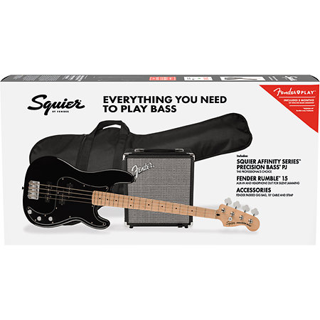 Squier Affinity Precision Bass PJ Pack Maple Black + Gig Bag + Ampli Rumble 15