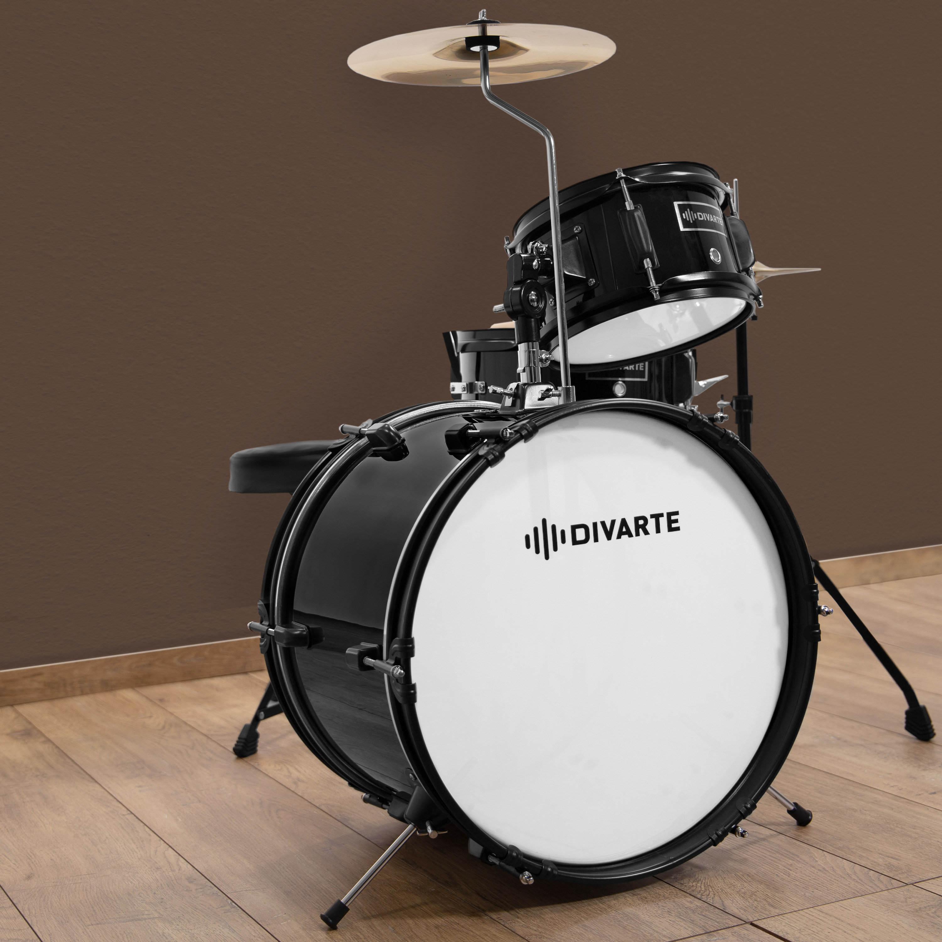 Batterie Enfant Divarte Junior DrumSet Black - Kit Débutant 3 Fûts Avec Siège Réglable 6 Ans Et Plus