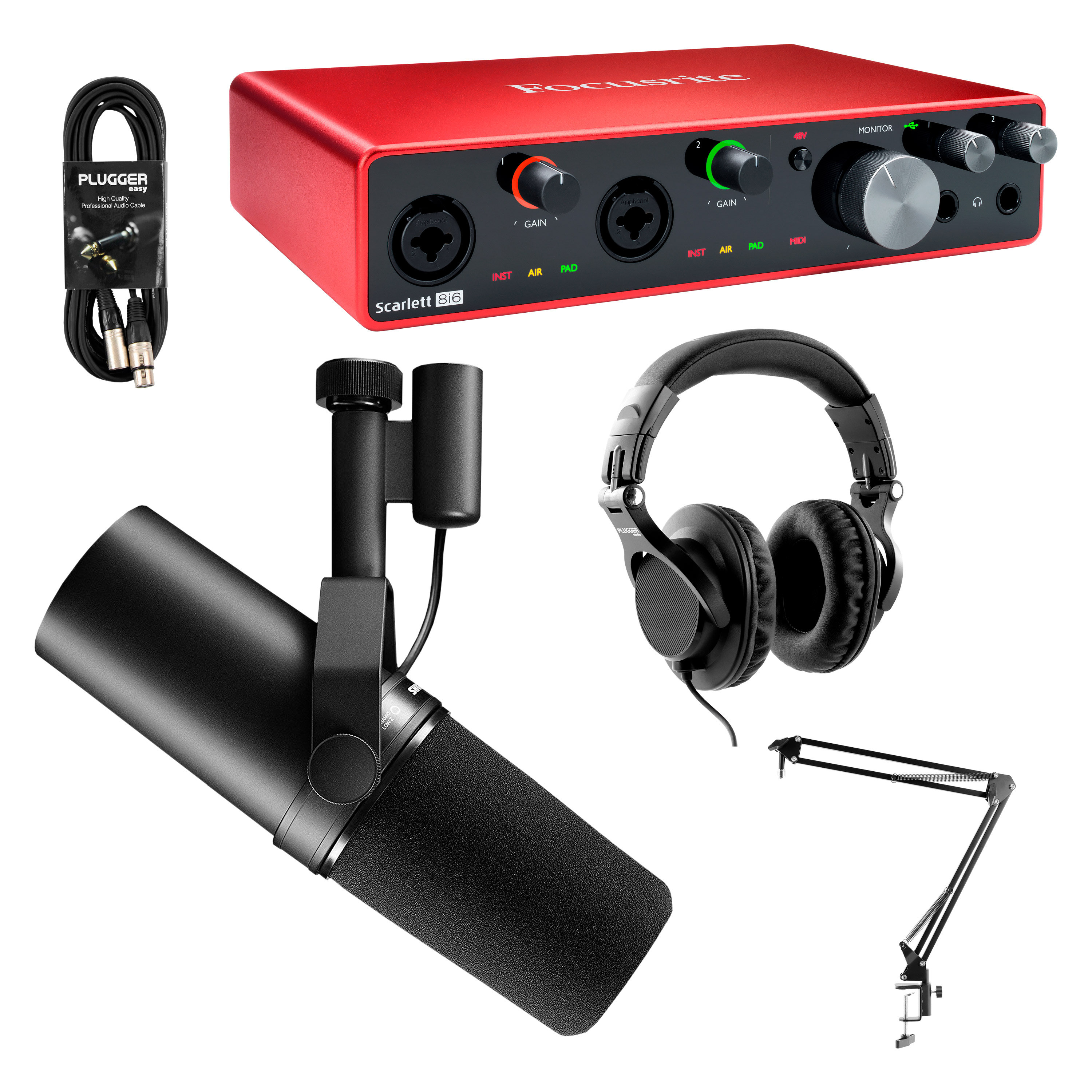 Focusrite Pack Podcast Scarlett 8I6 + SM7B + Casque +Bras + Câble
