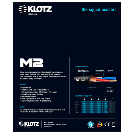 Câble M2 Pro XLR mâle/femelle Neutrik, 1m Klotz