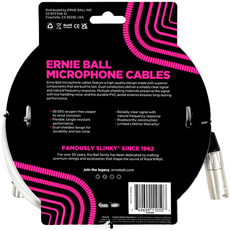 Ernie Ball 6389 Câble XLR Mâle / Femelle Blanc 6m