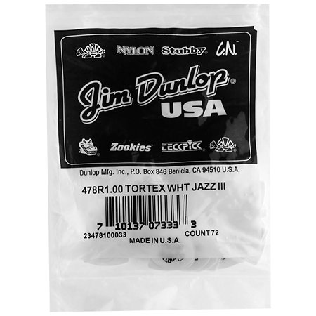 478R100 Tortex White Jazz III 1,00 mm Sachet de 72 Dunlop