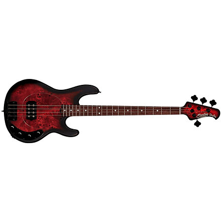 Sterling by Music Man StingRay RAY34 Poplar Burl Dark Scarlet Burst Satin
